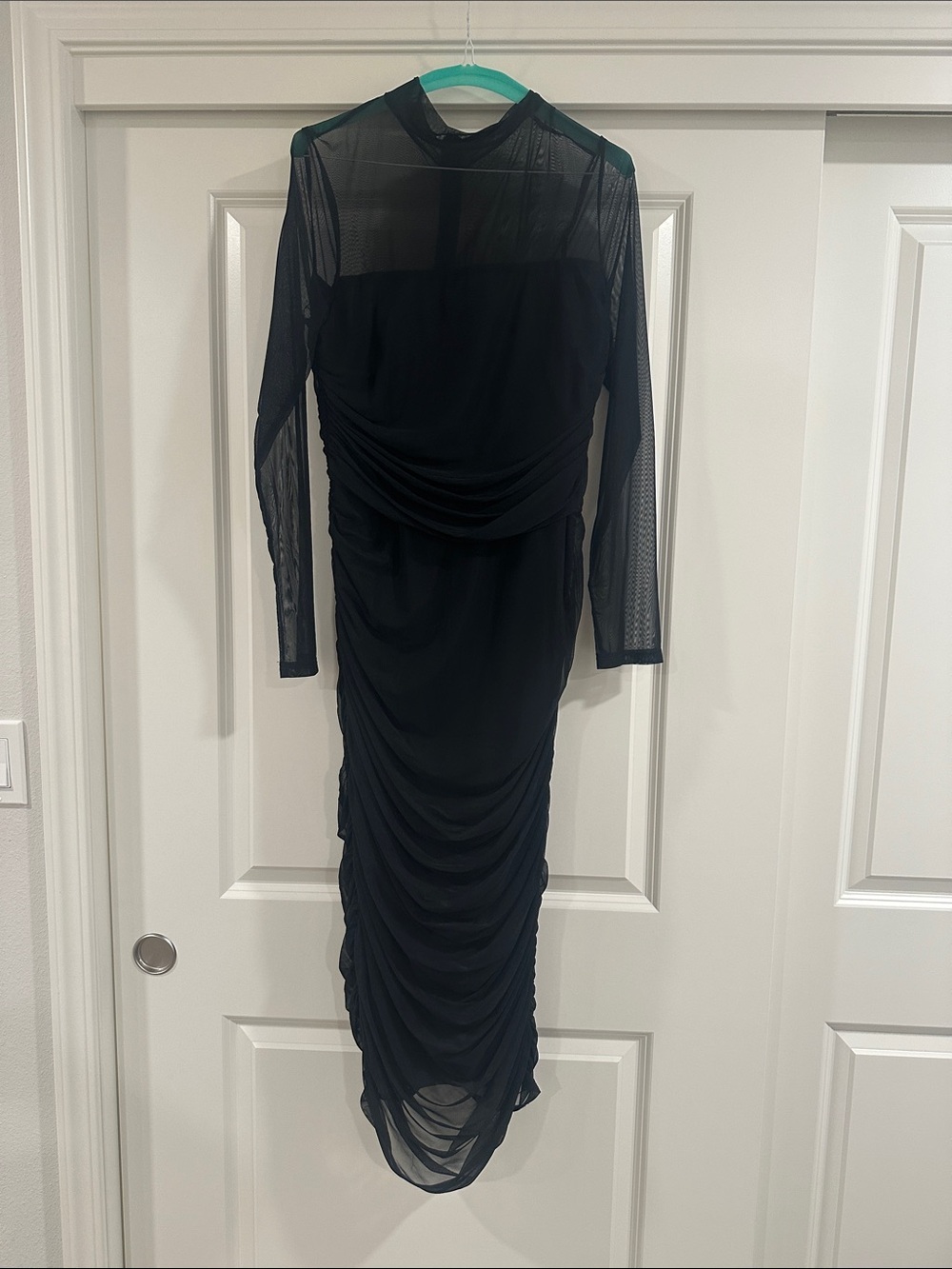Lulu's Black Ruched Mesh Long Sleeve Midi Dress